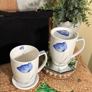 Nano Lamour Elegant Blue Floral Ceramic Mug Set (2 Mugs, 2 Lids)
